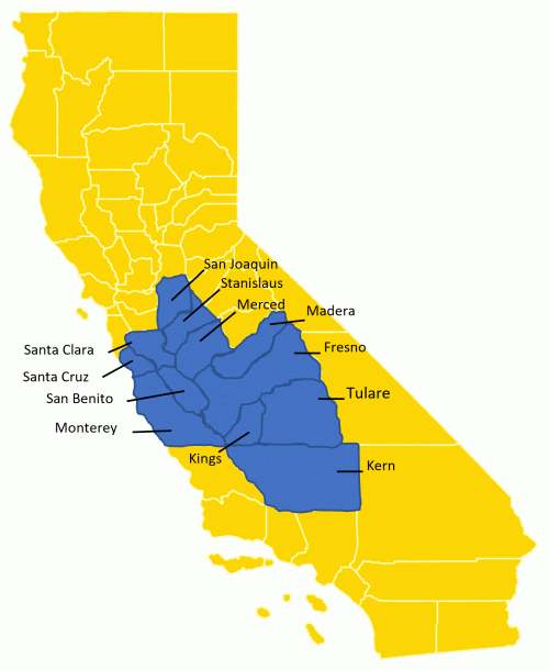 Map of 12 Central Coast and Central Valley counties where NII services are available